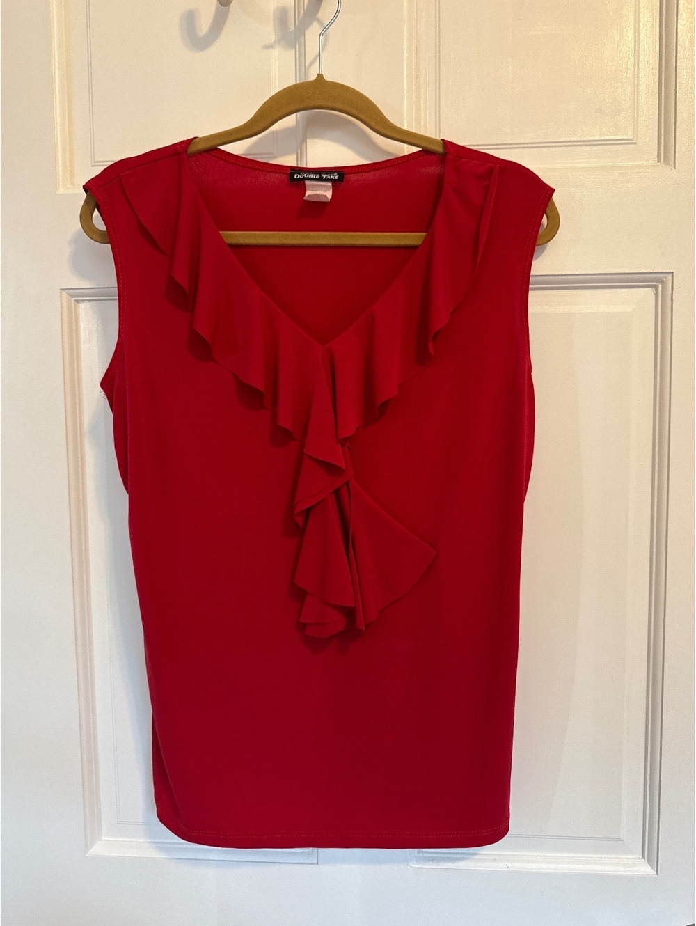 Double Take Red Sleeveless Ruffle V-Neck Top Large